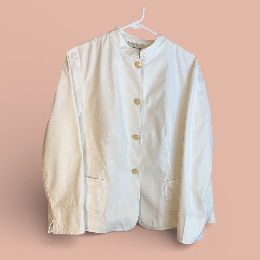 Talbots Cream Mandarin Collar Button Front White Cotton Jacket Sz 14W
